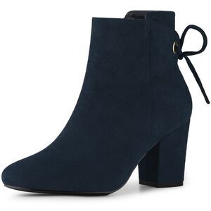 Round Toe Lace Up Chunky High Heels Navy Blue Ankle Boots for Women